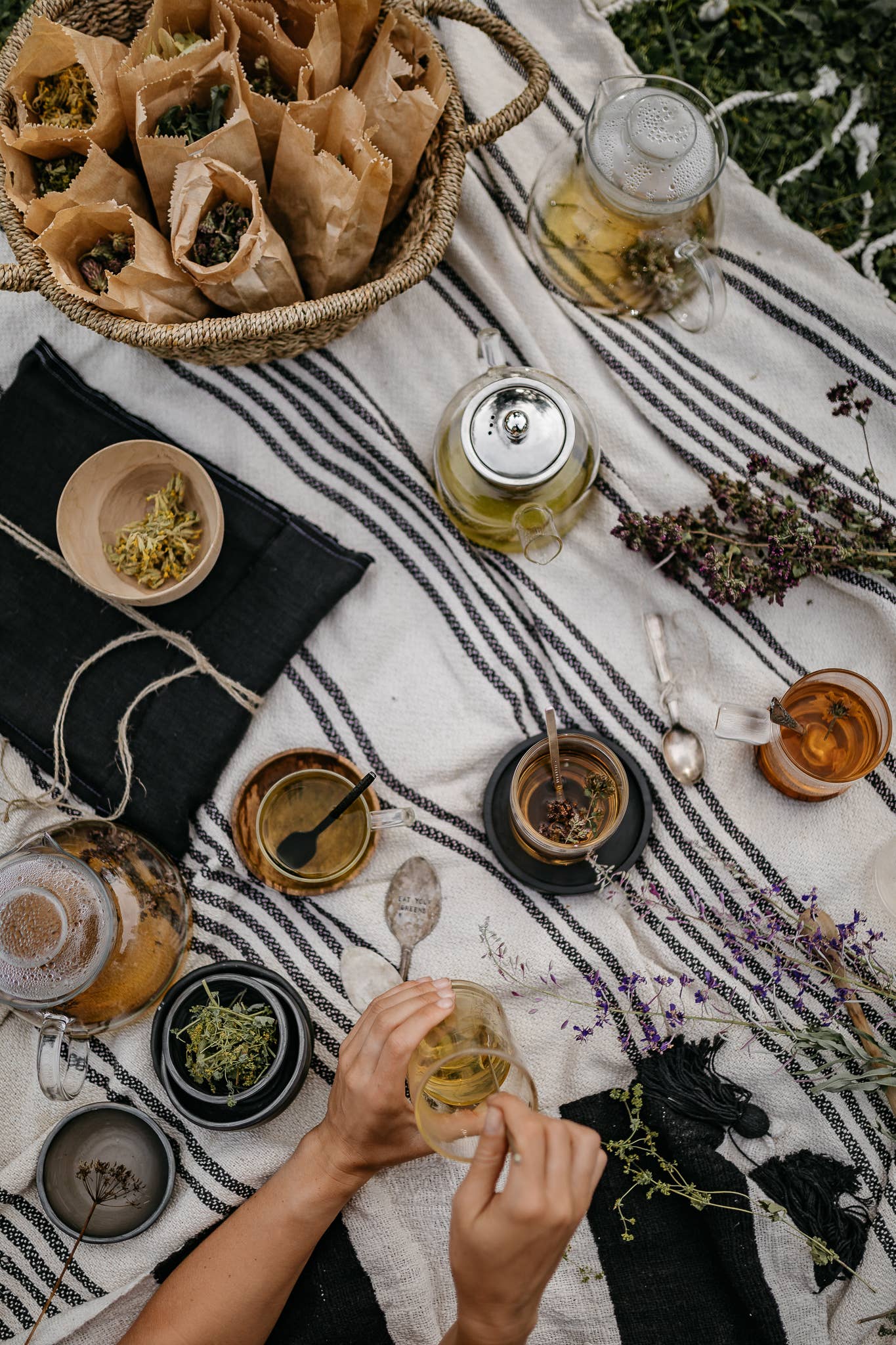 Tea-making setup with tea leaves, teapots, and cups on a striped blanket outdoors.