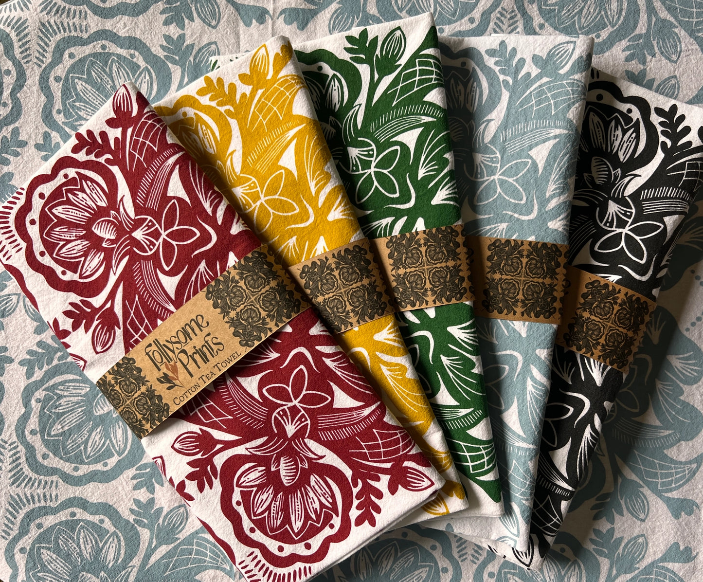 Rosemaling Cotton Tea Towel in Golden Yellow by Follysome Prints