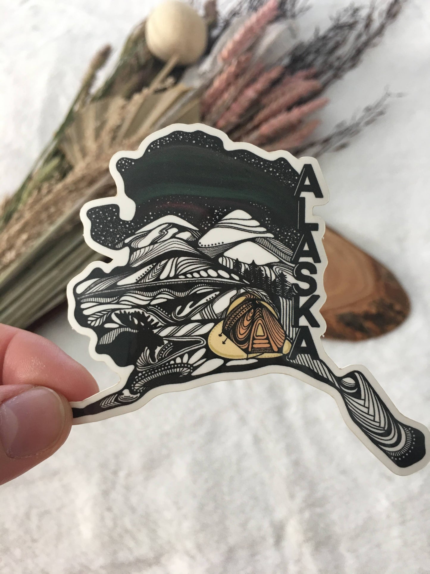 Dark Winter Nights in Alaska Sticker by WhitePaigeBlackInk