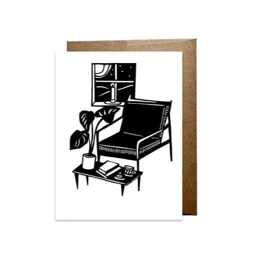Black and white illustration of a room with a bed, desk, and plant on a white background.