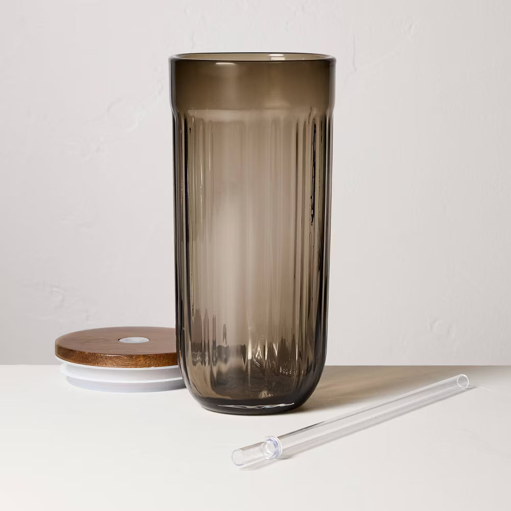 Fluted 21 oz Glass Tumbler | Wood Lid + Straw