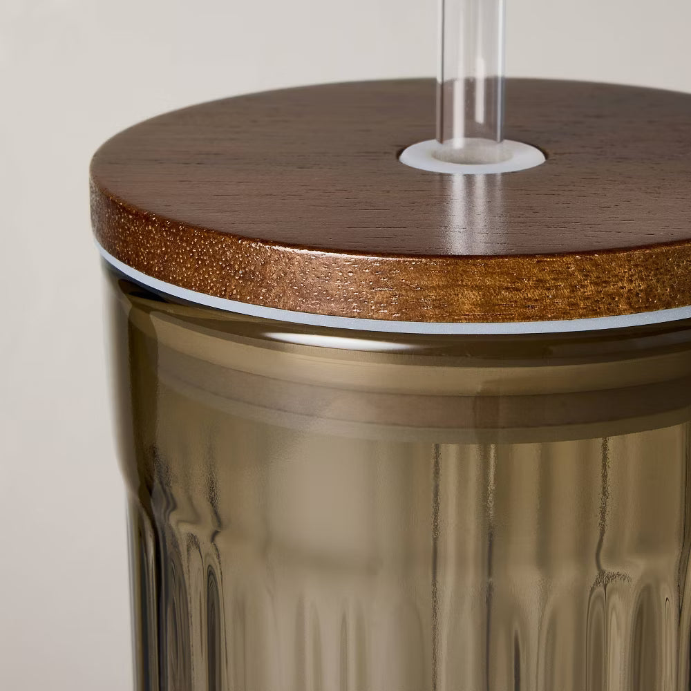 Fluted 21 oz Glass Tumbler | Wood Lid + Straw