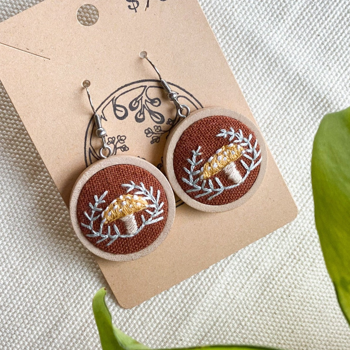 Yellow Amanita and Fern Earrings by Brittany Montour