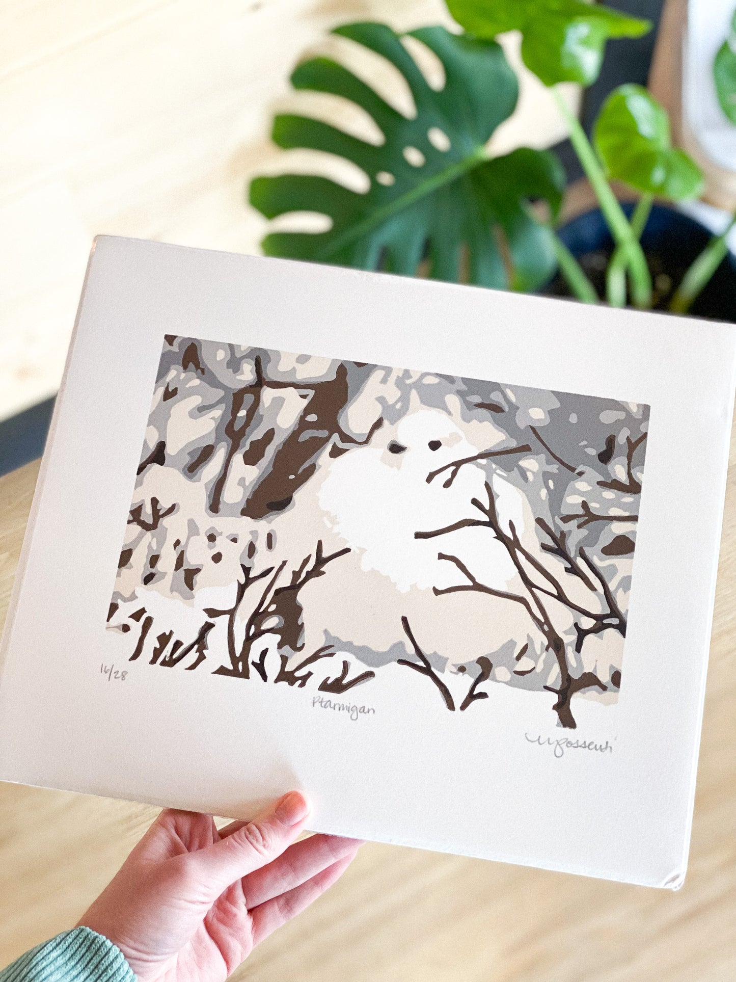 Ptarmigan Original Reduction Linoblock Print by Printworthy