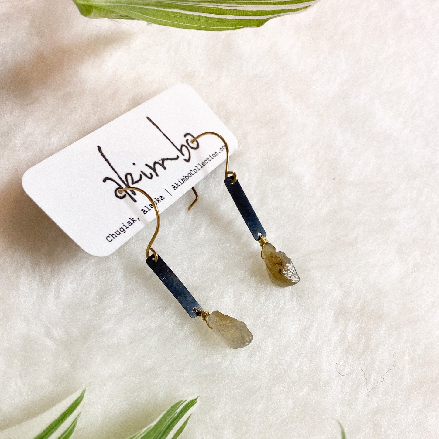 Black Rectangle + Labradorite Earrings by Akimbo Collection