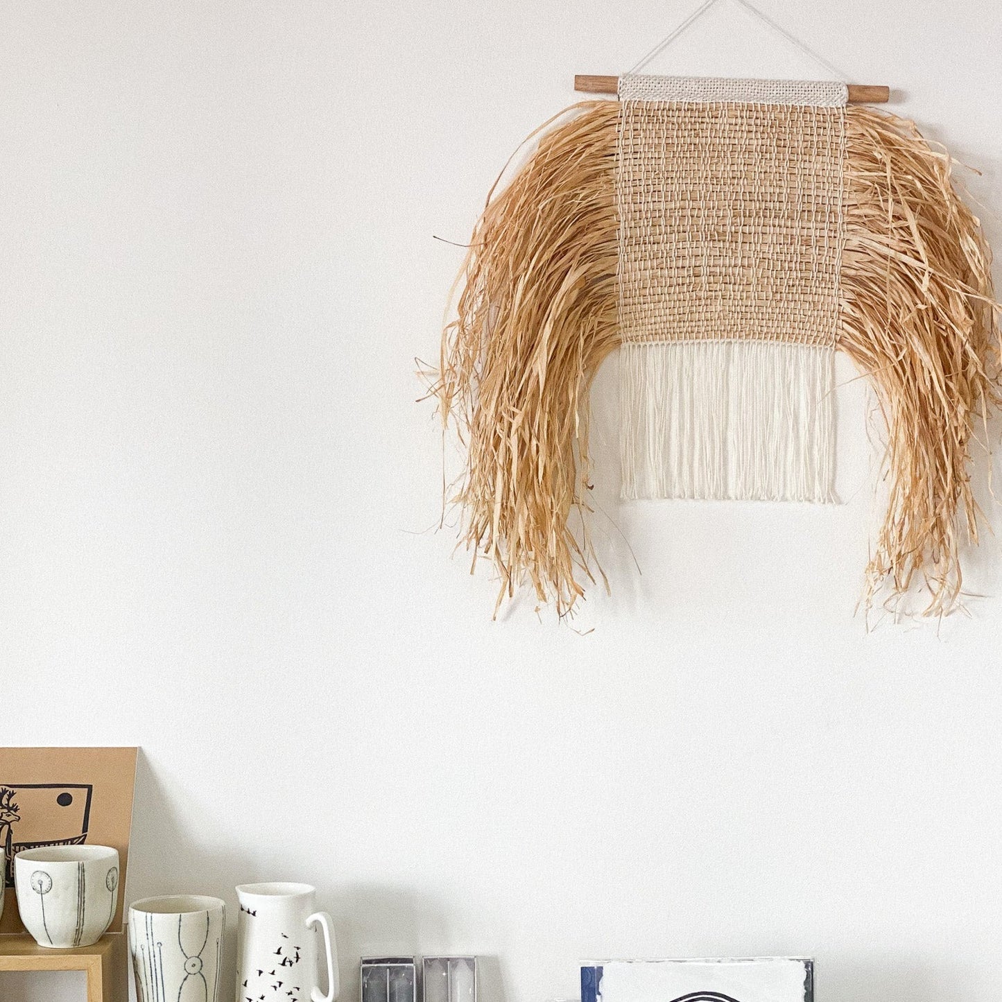 White Fiber and Grass Wall Weaving by Weftwoven
