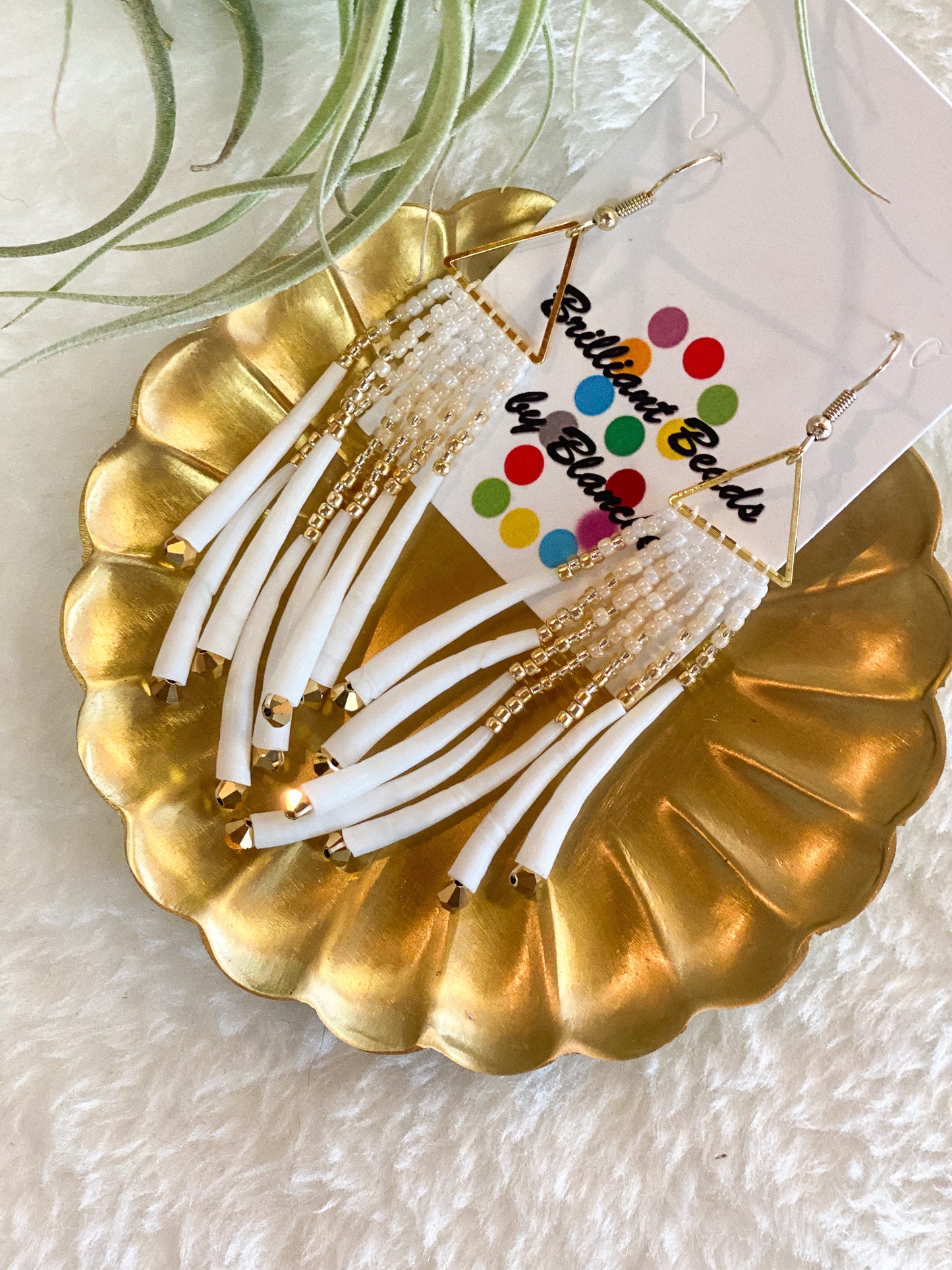 Triangle Dentalium Beaded Earrings #37 by Blanche Sam
