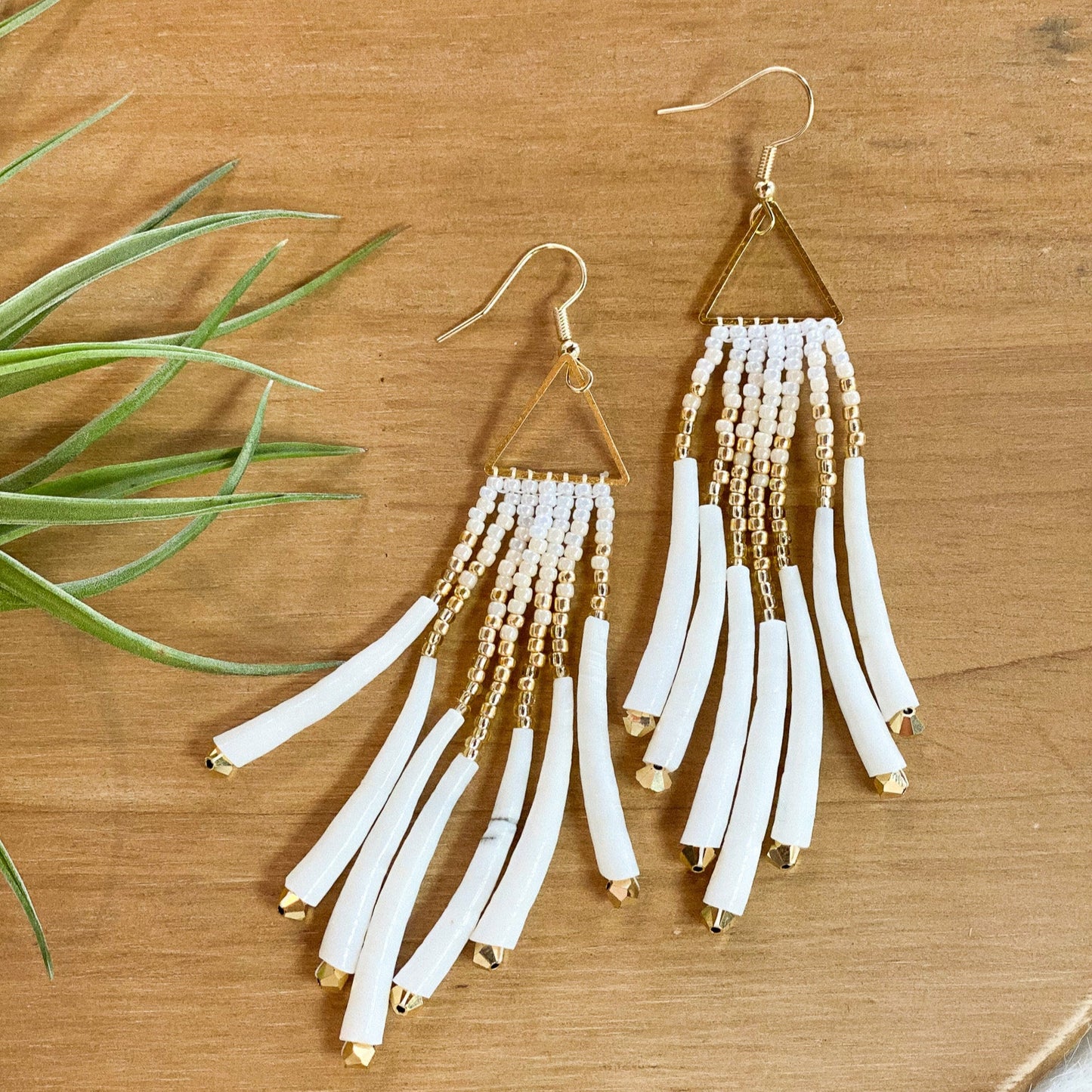 Triangle Dentalium Beaded Earrings #20 by Blanche Sam
