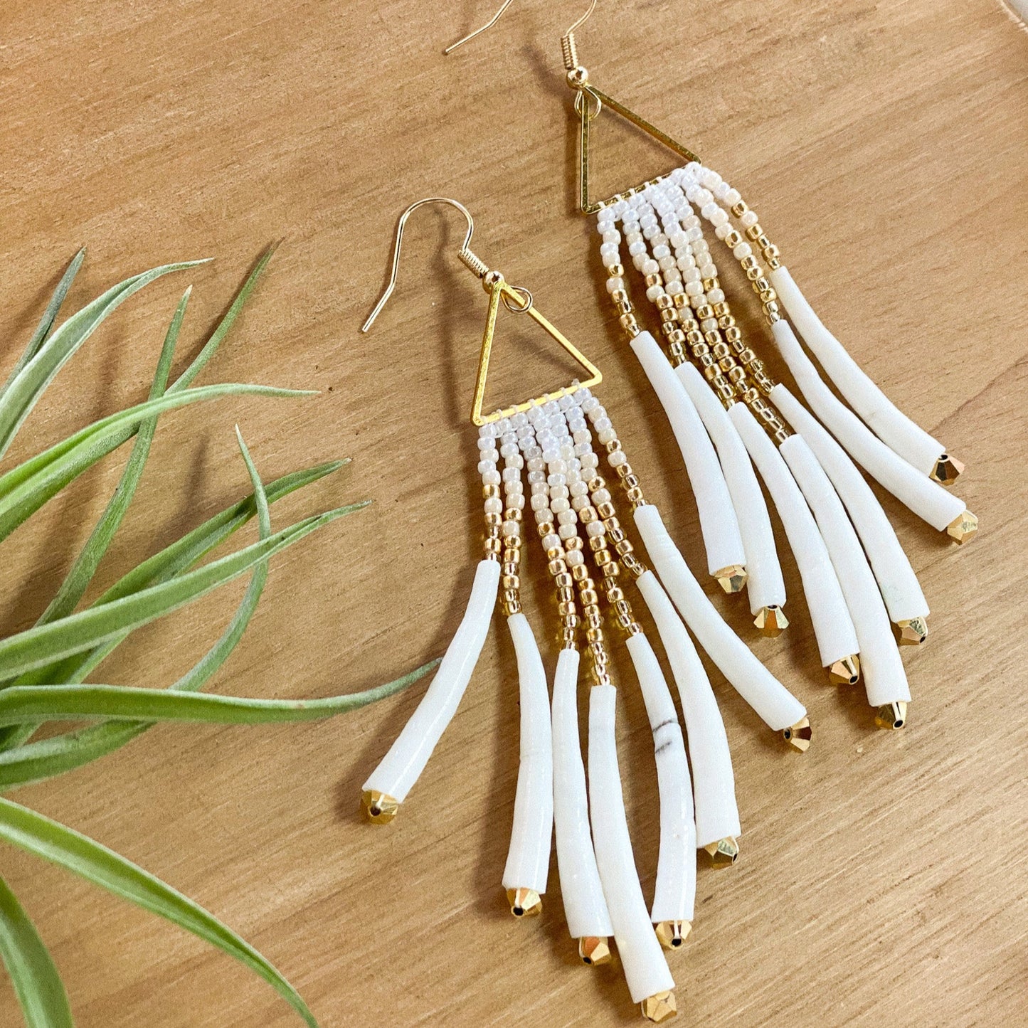 Triangle Dentalium Beaded Earrings #20 by Blanche Sam