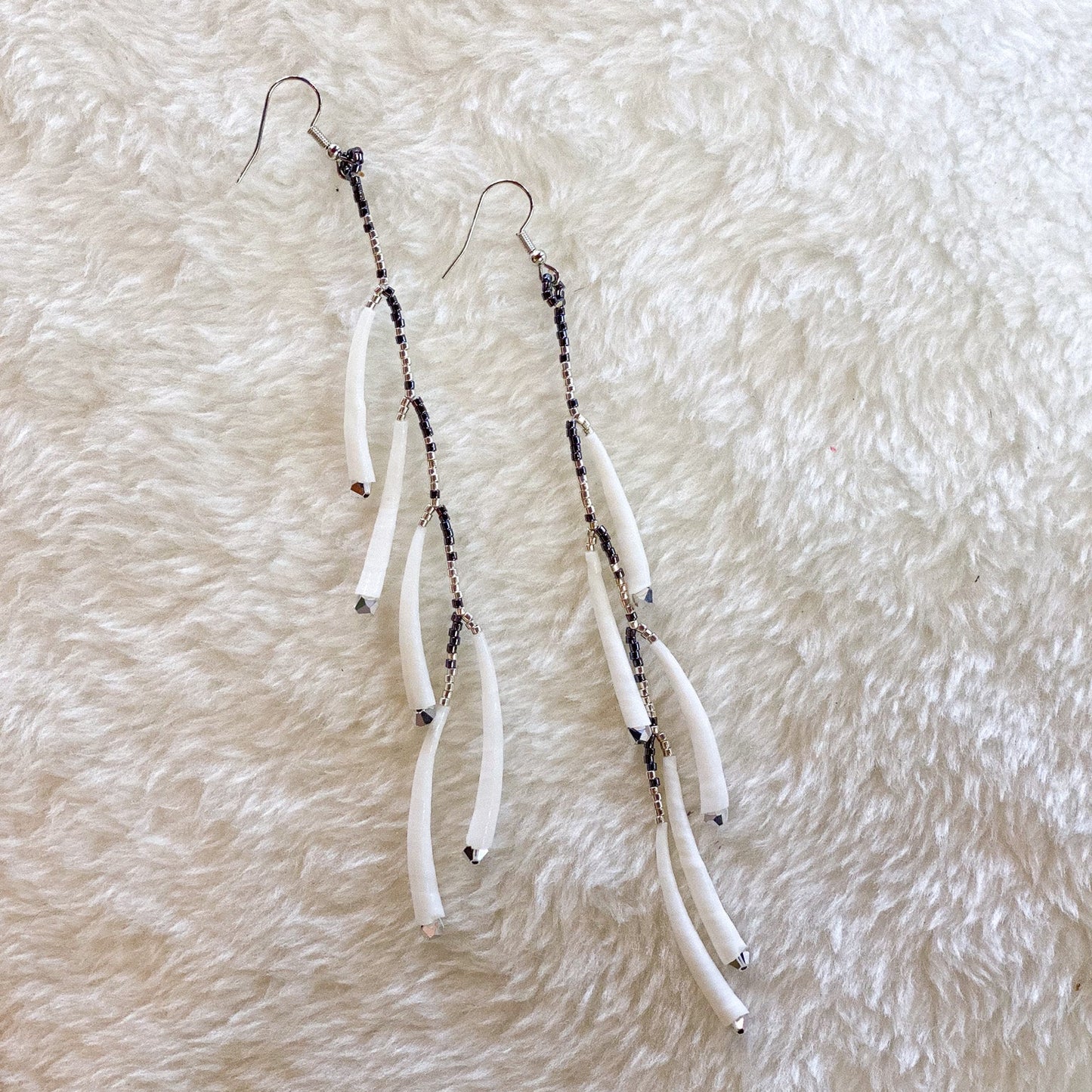 Long Dentalium Silver Beaded Earrings #48 by Blanche Sam