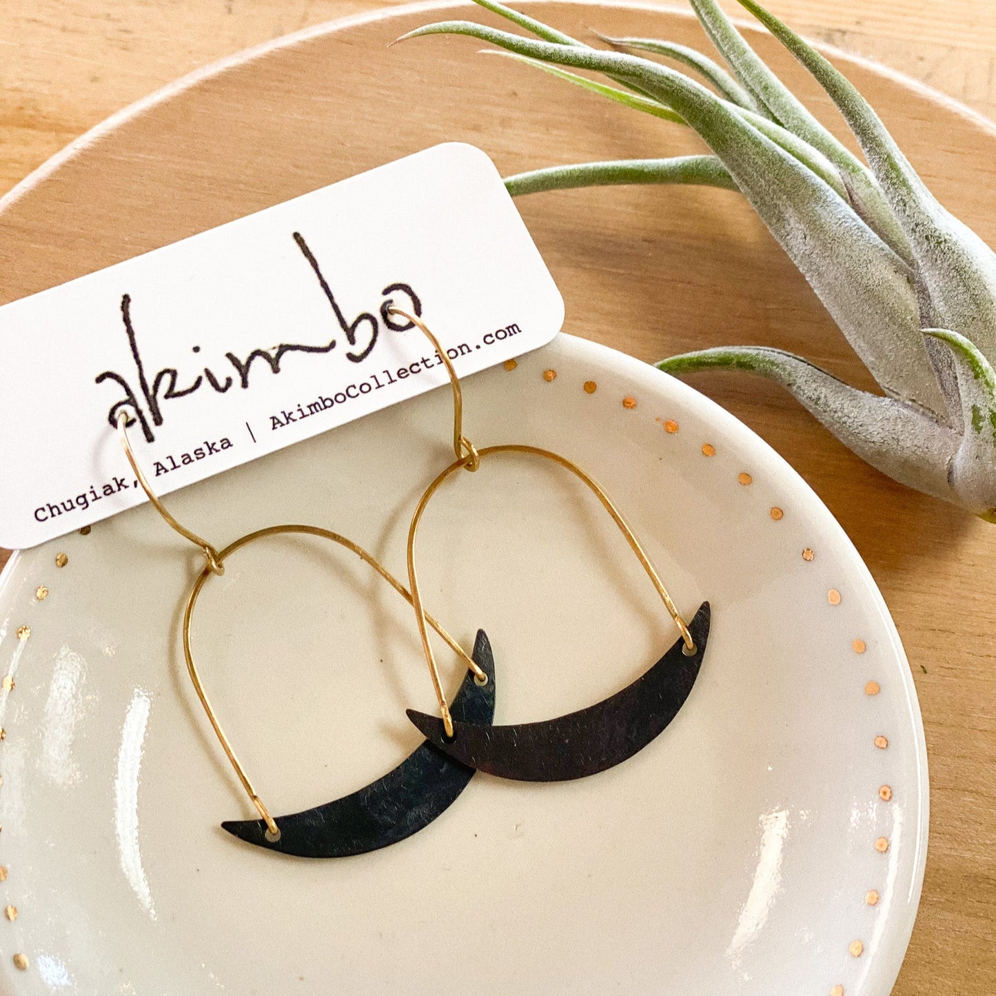 Moon Slice | Hammered Brass + Black Earrings by Akimbo Collection