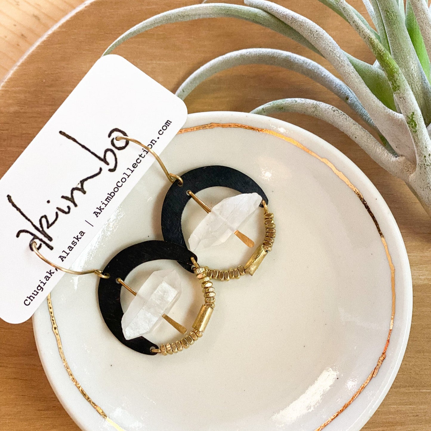 Evil Eye | Black + Brass + Raw Quartz Earrings by Akimbo Collection
