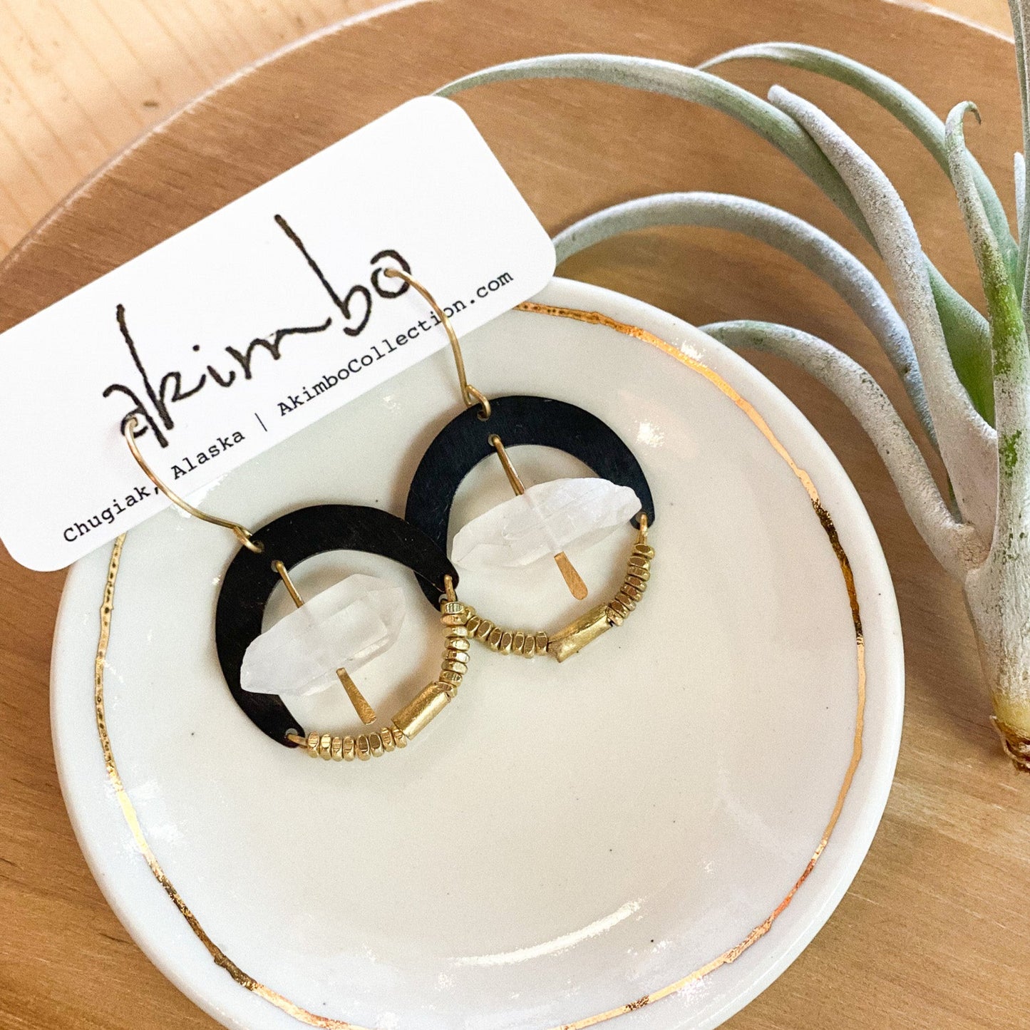 Evil Eye | Black + Brass + Raw Quartz Earrings by Akimbo Collection