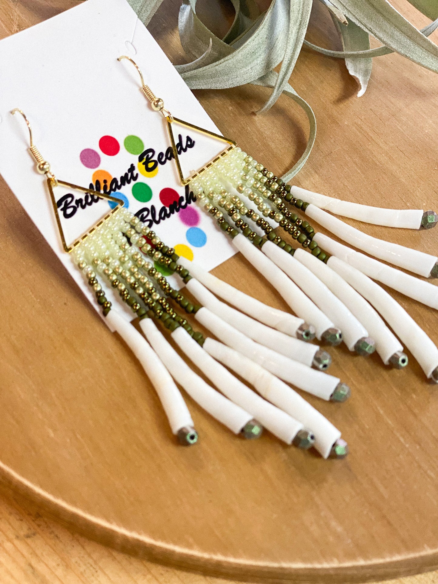 Triangle Dentalium Beaded Earrings #23 by Blanche Sam