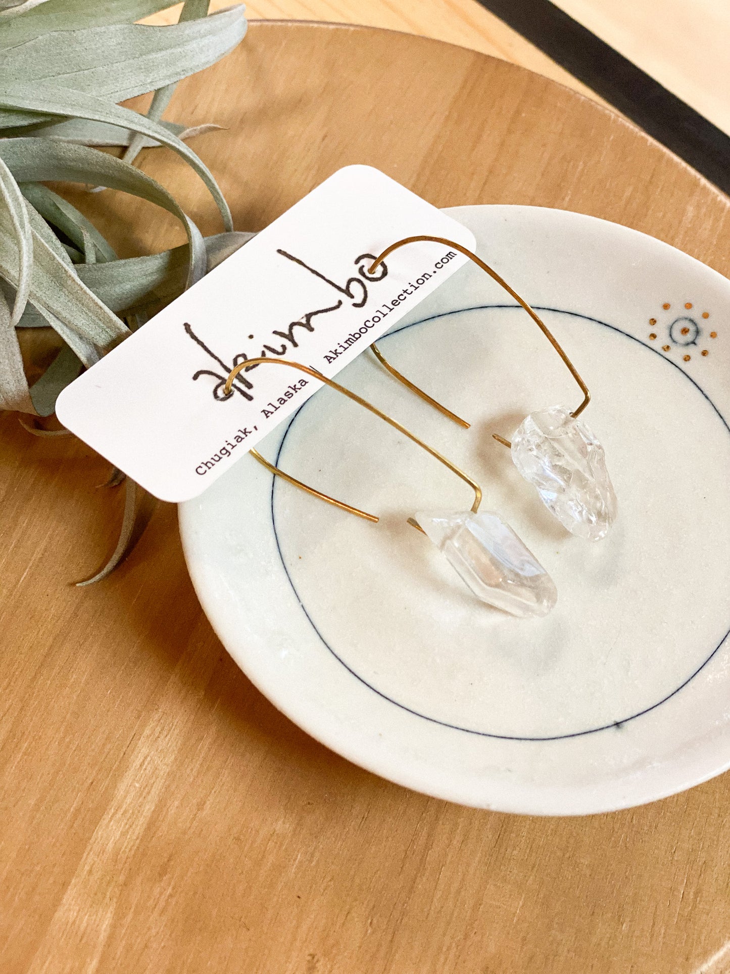 Open Back | Hammered Brass + Clear Quartz Earrings by Akimbo Collection