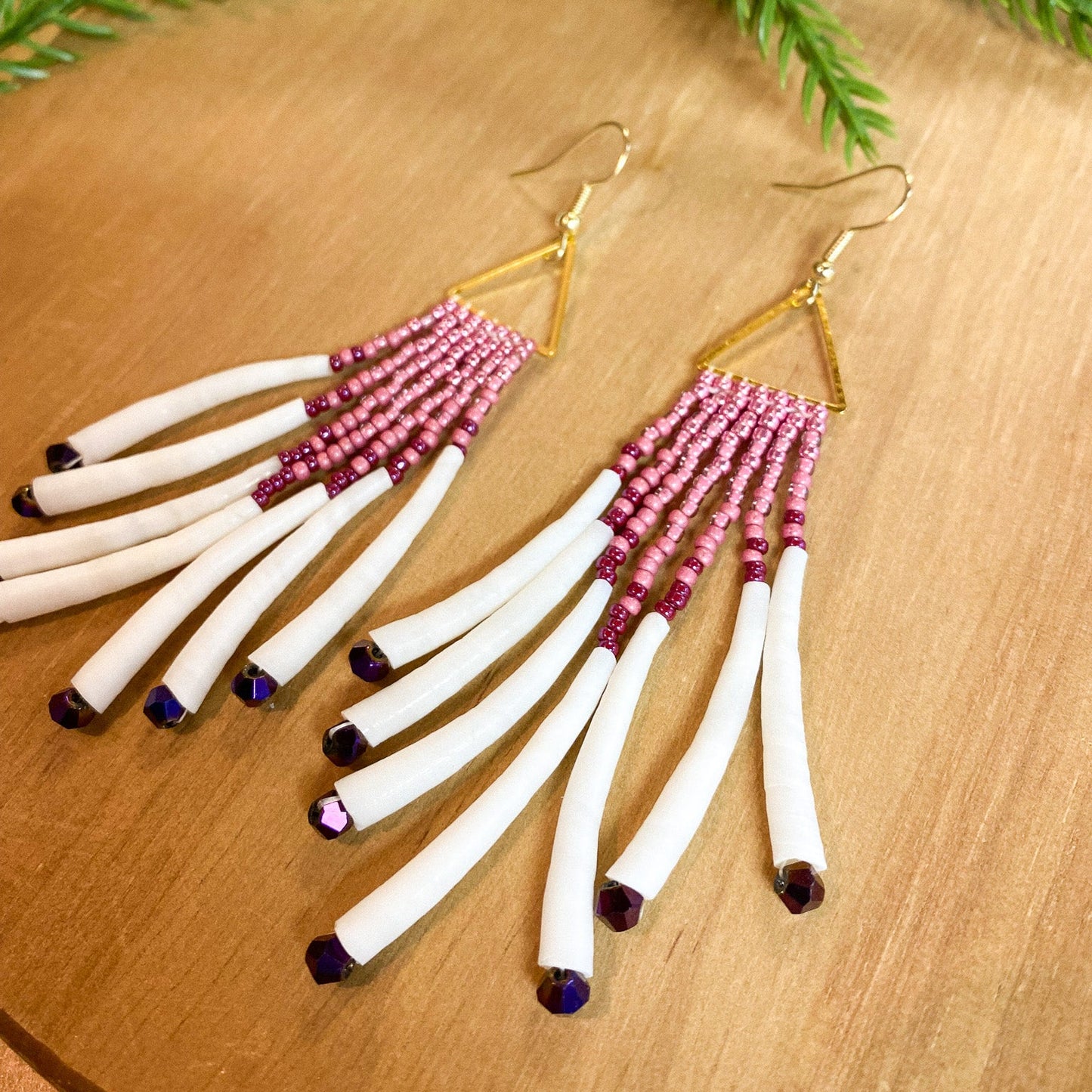 Triangle Dentalium Beaded Earrings #29 by Blanche Sam