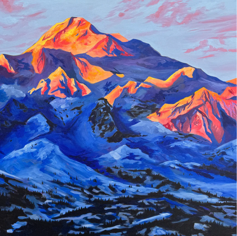 Painting of Denali in Alaska with blue and orange hues