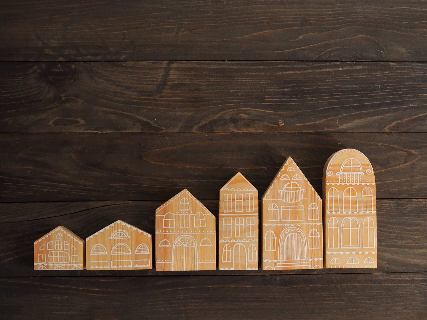 Hand Painted Wooden Village NATURAL SET OF 6 by AnaMarkoKids