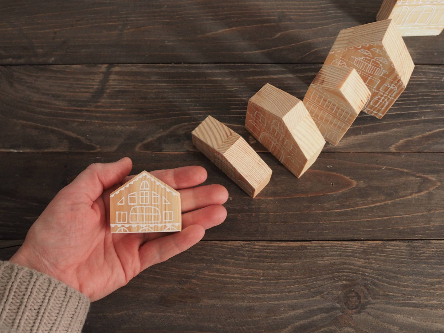 Hand Painted Wooden Village NATURAL SET OF 6 by AnaMarkoKids