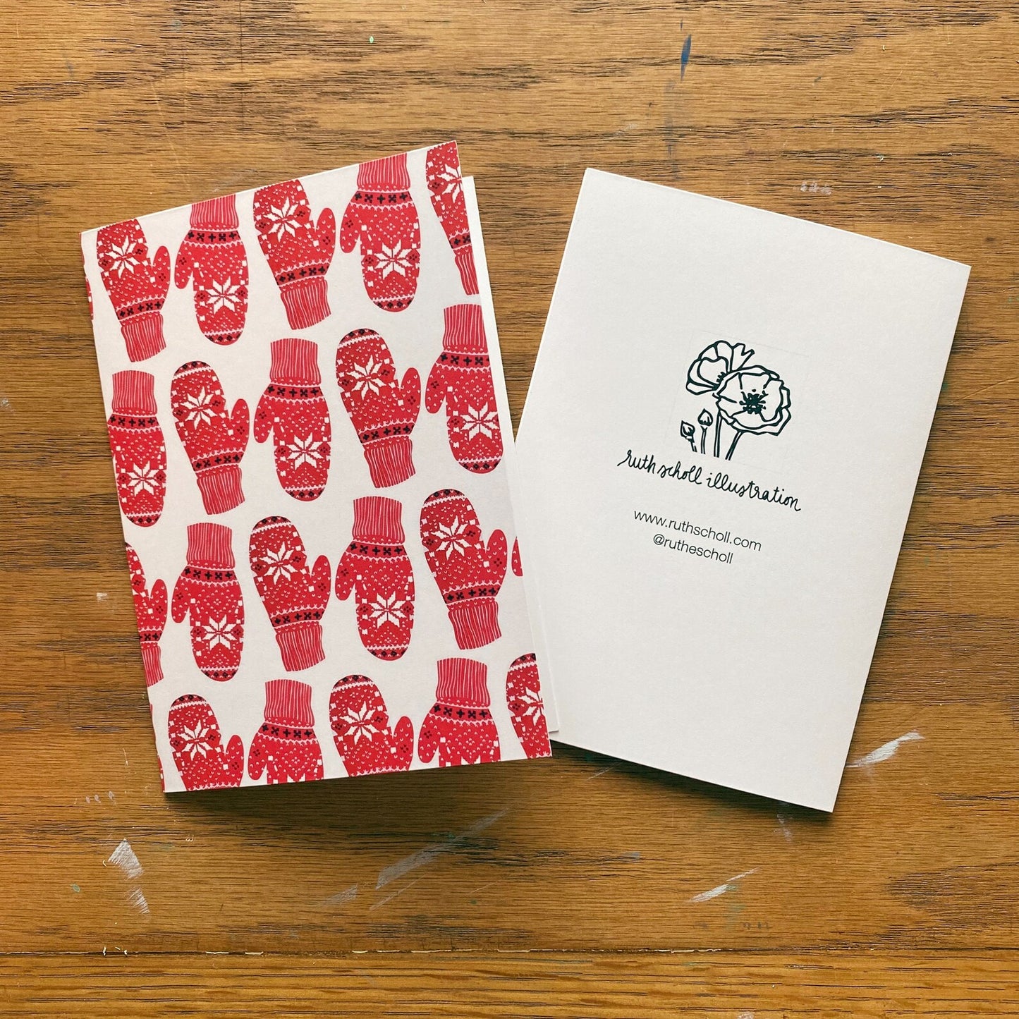 Red + White Mittens Greeting Card by Ruth Scholl Illustration