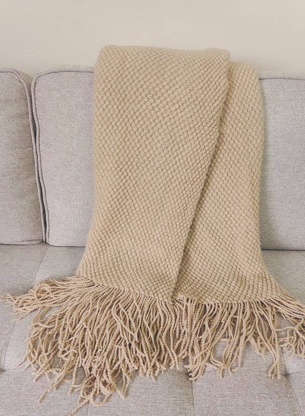 Textured + Fringe Knit Throw Blanket 50"x60" | Oatmeal