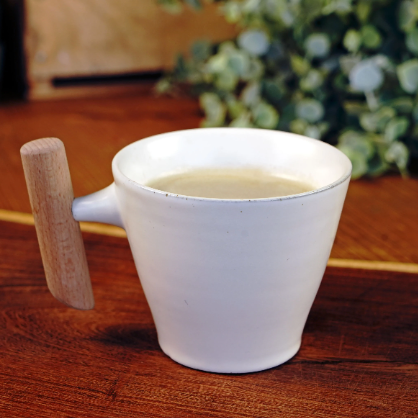 Tapered White Ceramic Mug With Wooden Handle