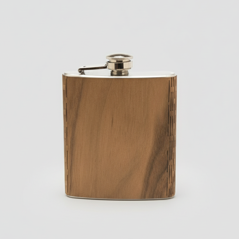 Wooden flask with metal cap on a white background