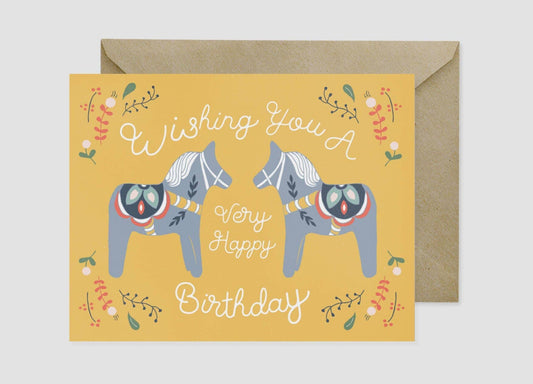 Folk Art Happy Birthday Dala Greeting Card by Nordic Fox Design Co.