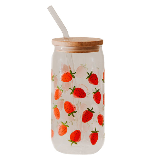 Strawberry 17 oz Glass Tumbler with Bamboo Lid + Straw