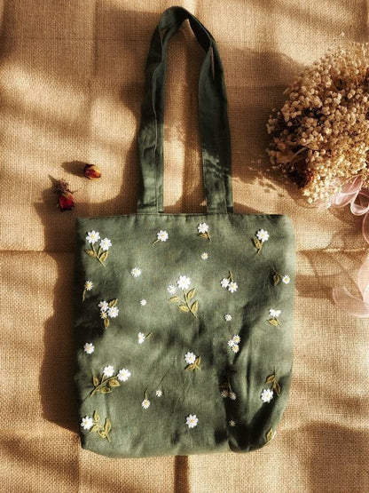 Small Daisies Embroided Linen Tote Bag