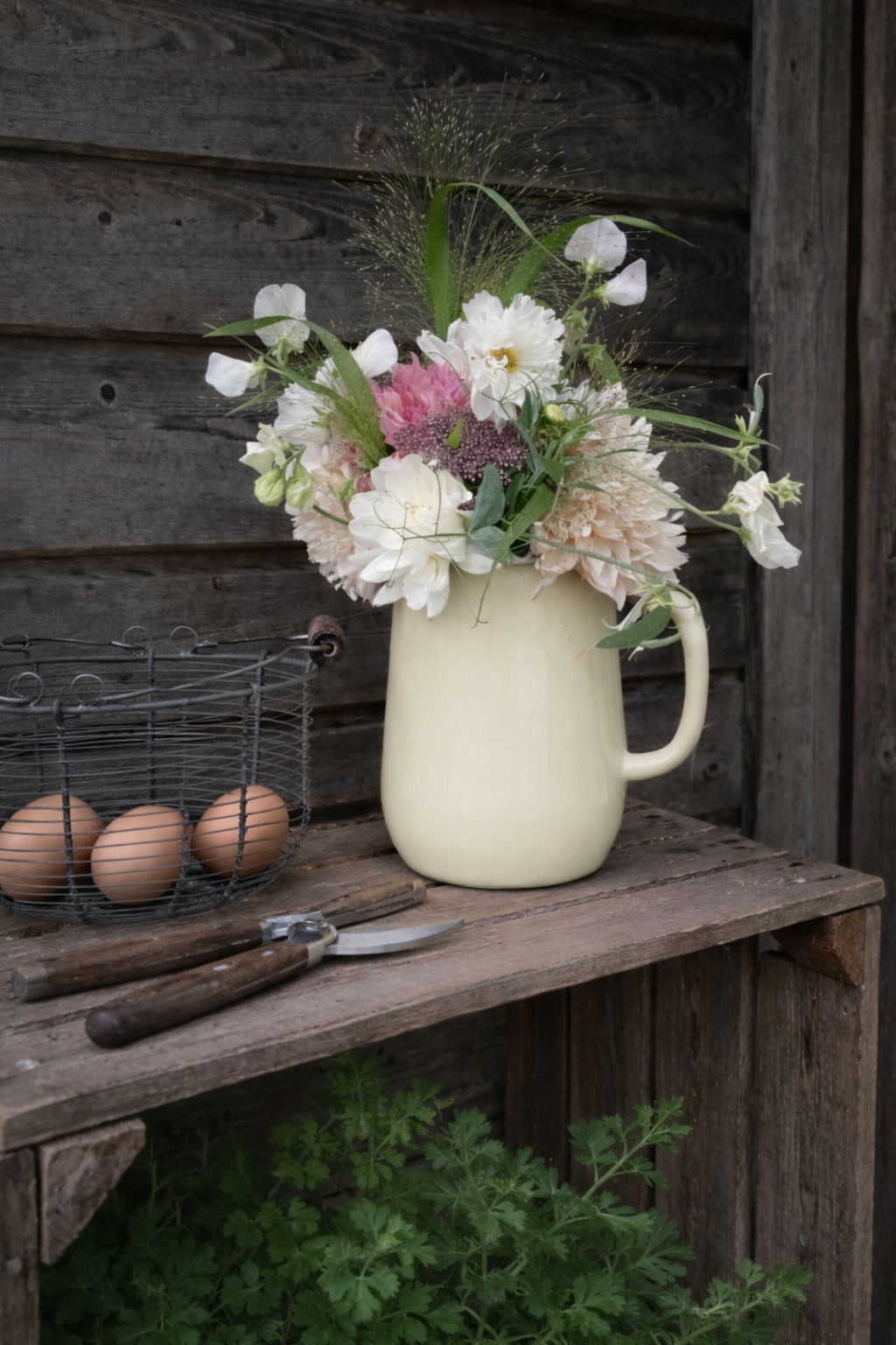 Ivory Vintage Enamel Jug Pitcher
