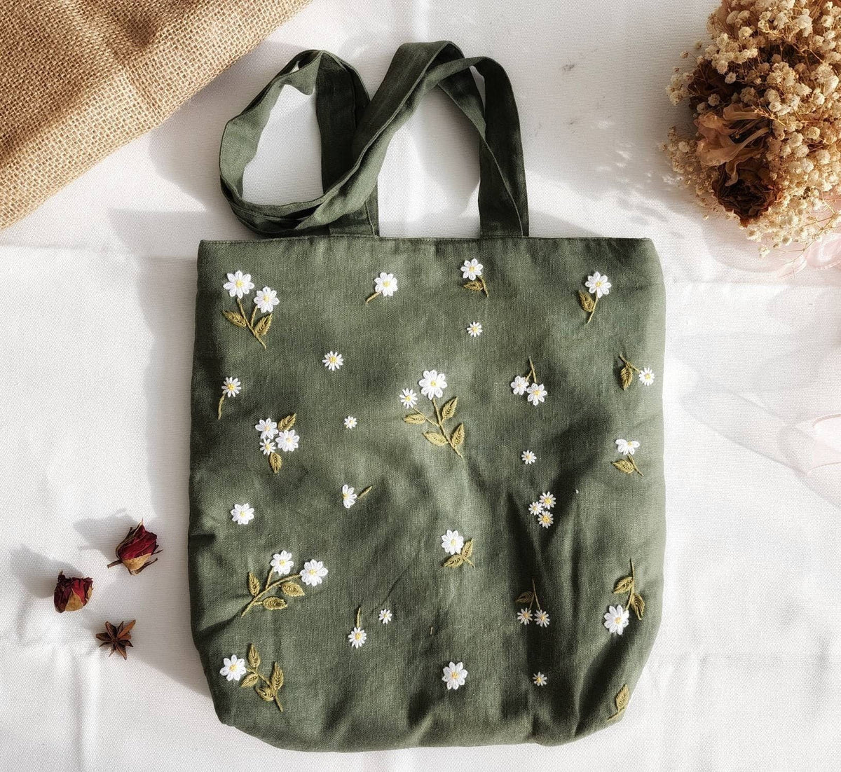 Small Daisies Embroided Linen Tote Bag