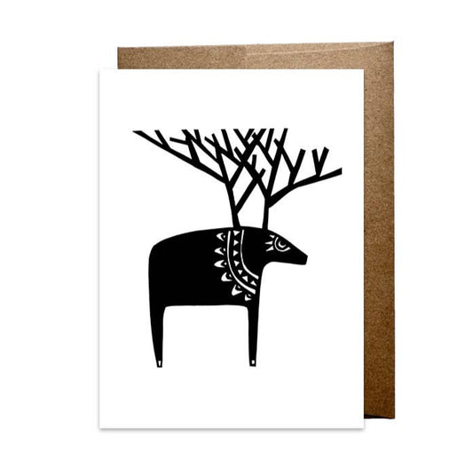 Greeting card with black deer design on a white background