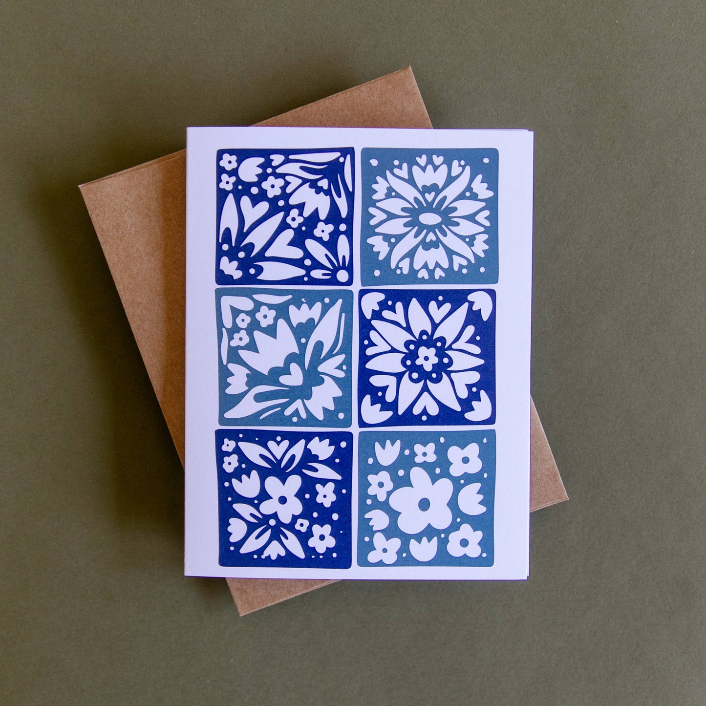 Floral Blue Nordic Checkerboard Greeting Card by Hinterland Goods