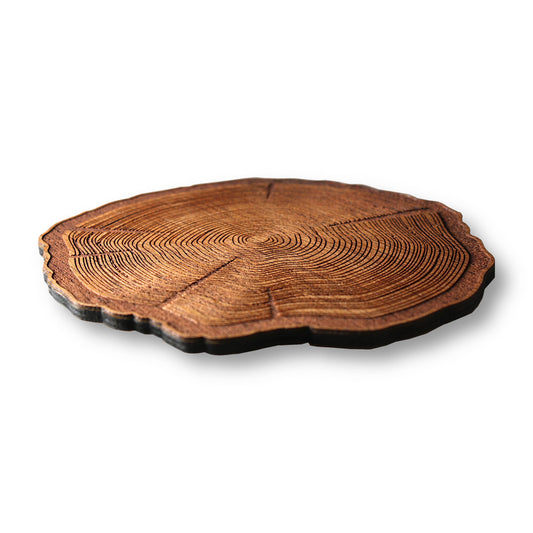 Wooden coaster with tree ring design on a white background