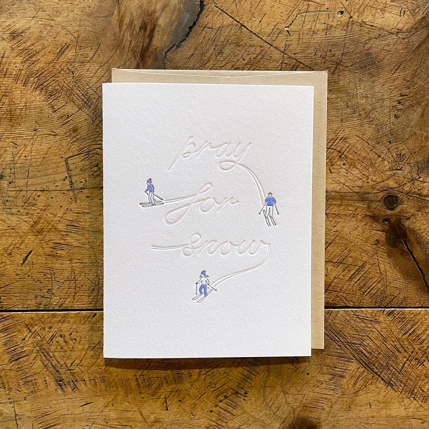 Pray for Snow Skiers Letterpress Holiday Card by Green Bird Press