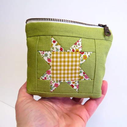 Green Sawtooth Quilted Linen Pouch – Flower Star Zipper Bag