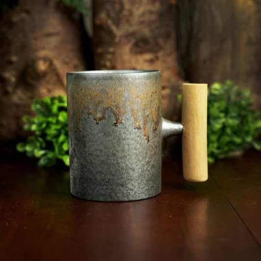 Iron Bronze Glazed Ceramic Mug with Wooden Handle