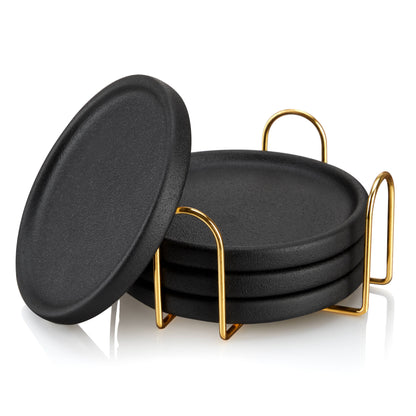 Black Earthenware Coasters with Gold-Plated Stand | Set of 4