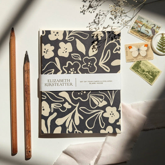 Abstract Florals in Charcoal | Set of Four Notecards by Elizabeth Kirsteatter