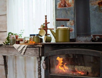 Retro-Inspired Enamel + Walnut Kettle by Barebones