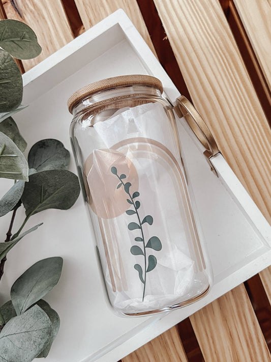 Boho 16 oz Glass Tumbler with Bamboo Lid + Straw by Emma K Designs