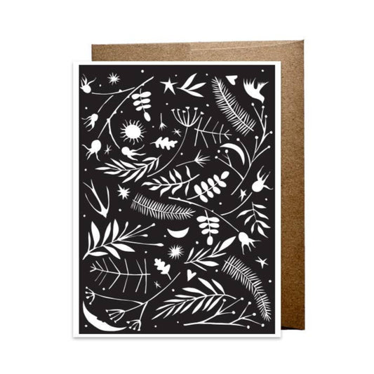 Greeting card with black and white floral pattern on a white background