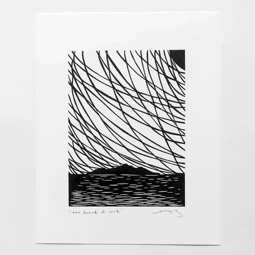 Black and white abstract artwork on a white background