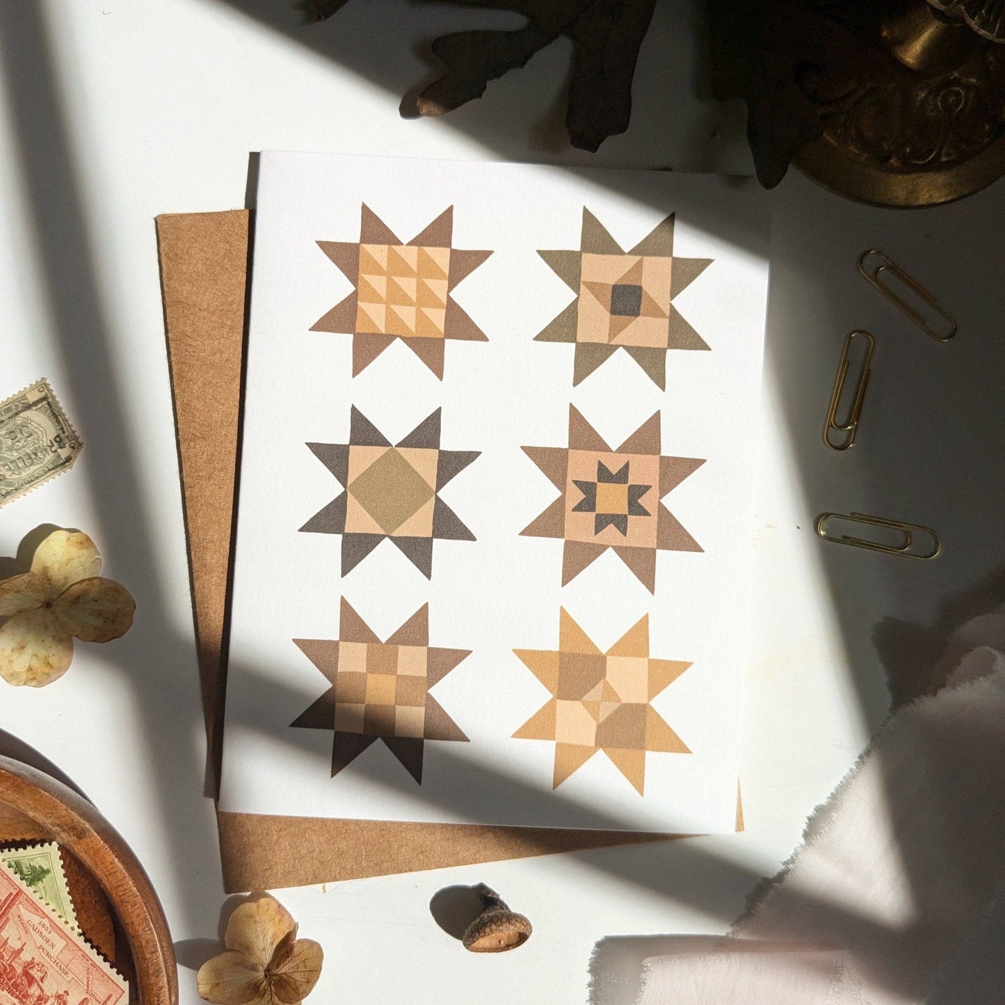 Neutral Quilt Stars | Set of Four Quilt Block Notecards by Elizabeth Kirsteatter
