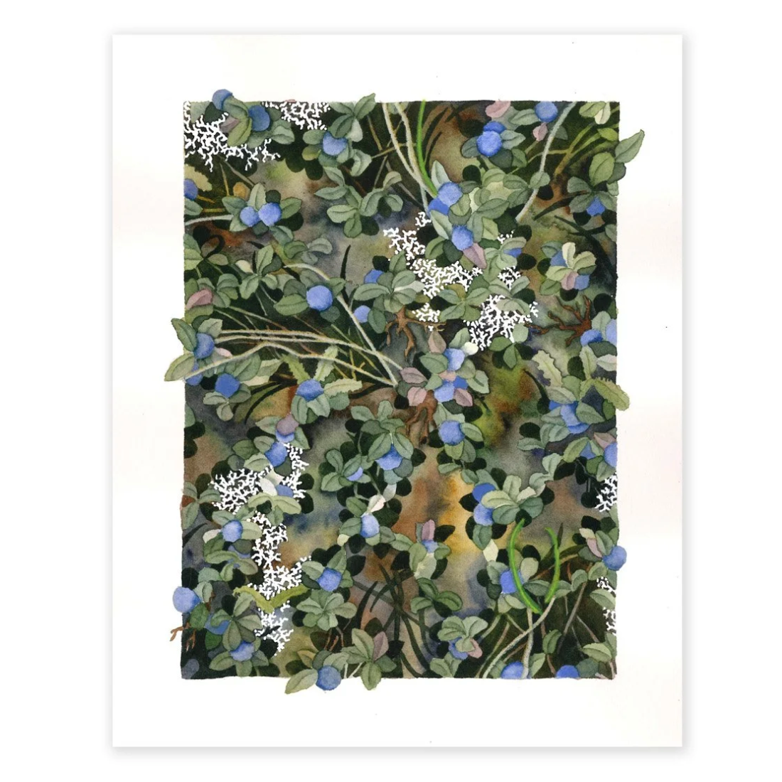 Art print of tundra with blueberries, lichen, and foliage 
