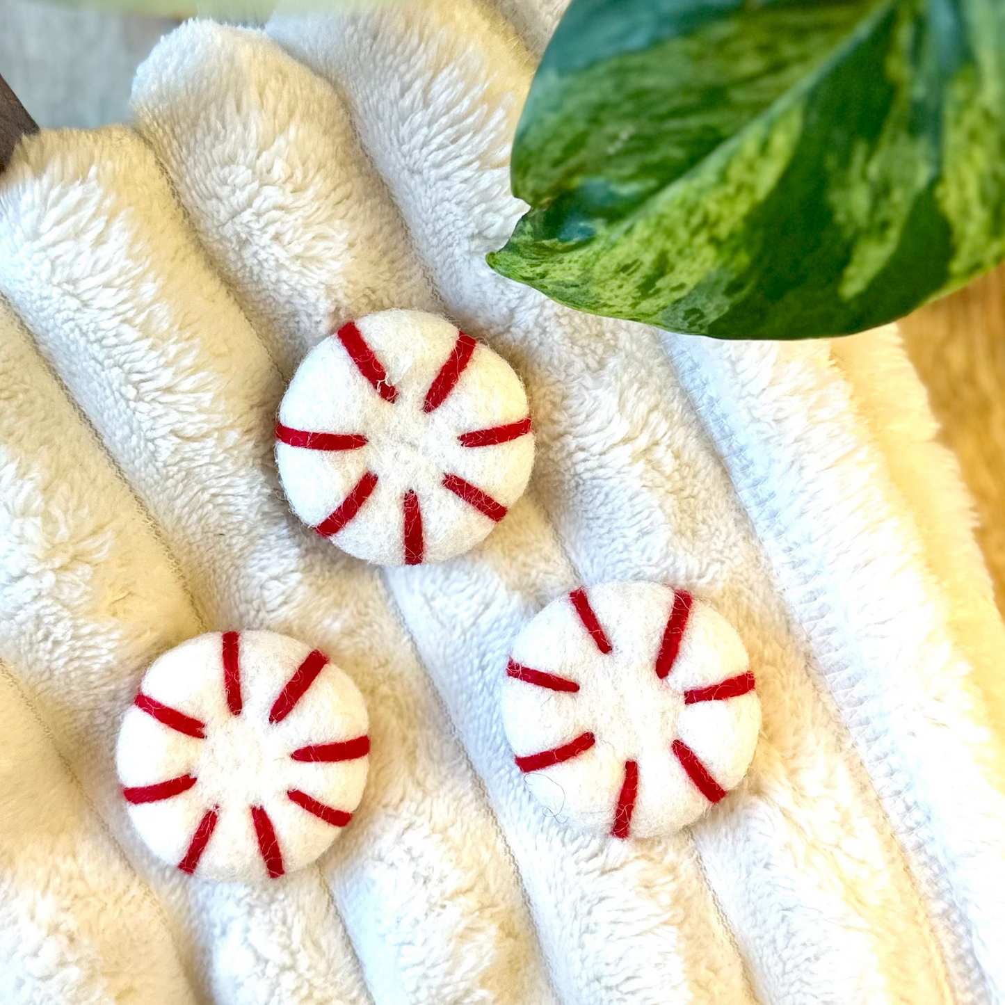 Three peppermint-shaped magnets on a soft white blanket with green leaves in the background