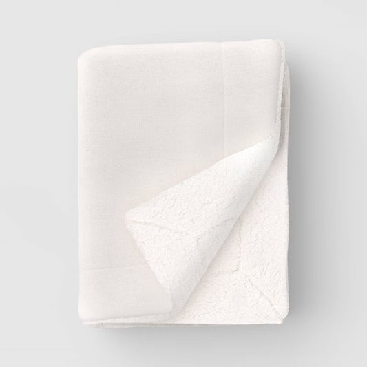 Plush Throw Blanket with Faux Shearling | Cream