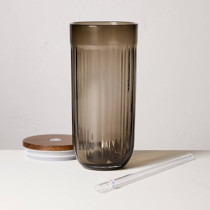 Fluted 21 oz Glass Tumbler | Wood Lid + Straw