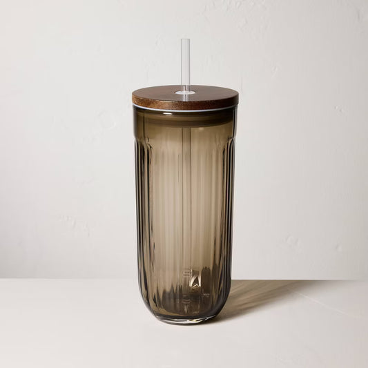 Fluted 21 oz Glass Tumbler | Wood Lid + Straw